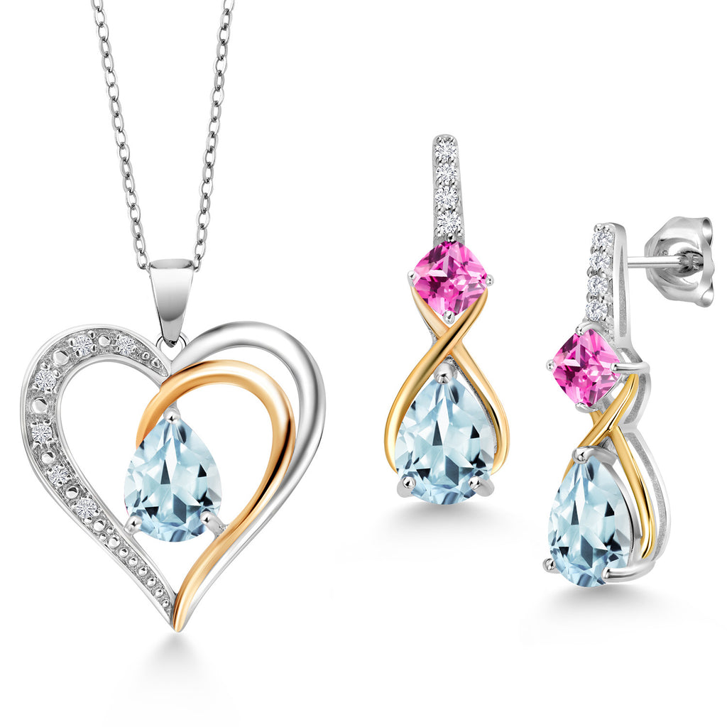 Aquamarine - March_Pendant Earrings Set in 925 Sterling Silver and 10K Yellow Gold