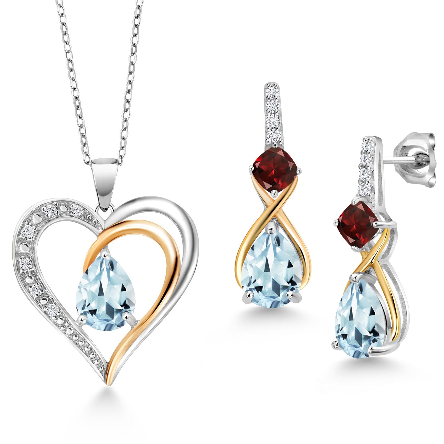Aquamarine - Garnet_Pendant Earrings Set in 925 Sterling Silver and 10K Yellow Gold