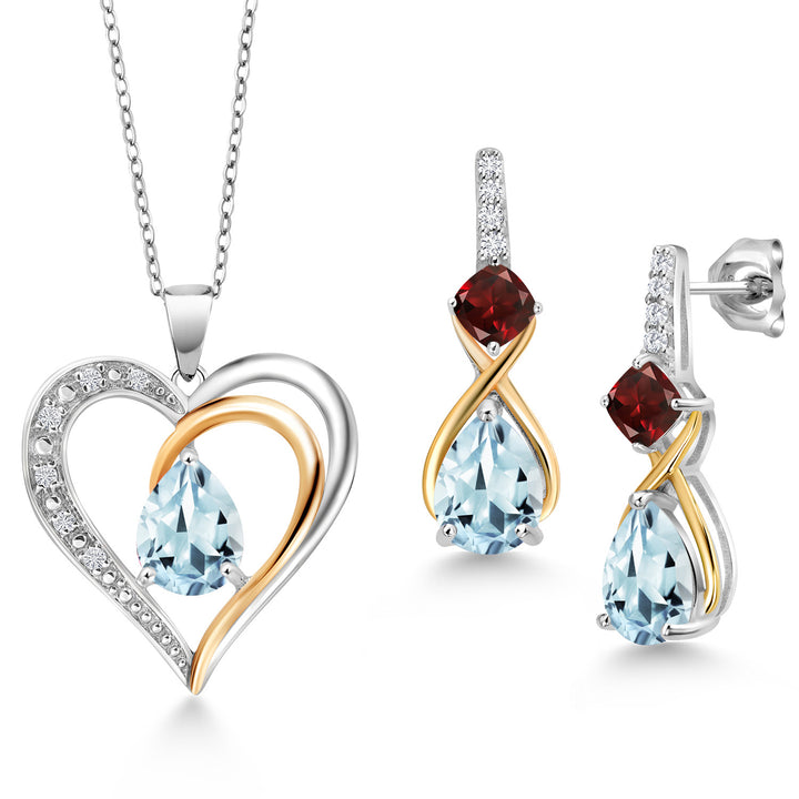Aquamarine - Garnet_Pendant Earrings Set in 925 Sterling Silver and 10K Yellow Gold
