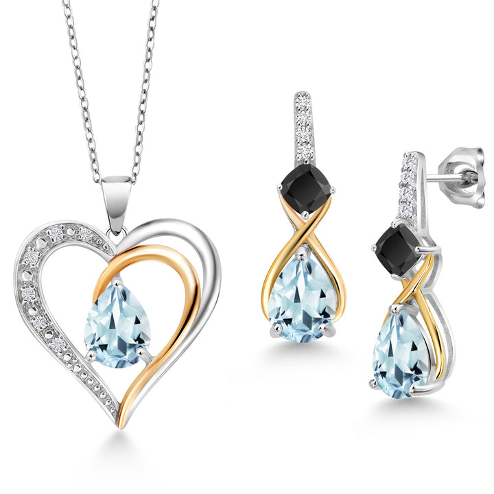 Aquamarine - Onyx_Pendant Earrings Set in 925 Sterling Silver and 10K Yellow Gold