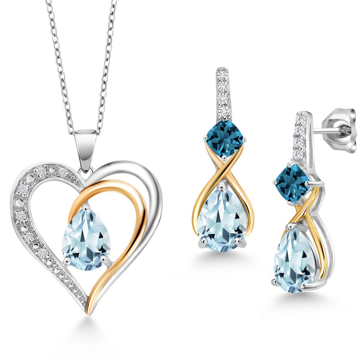 Aquamarine - London Blue Topaz_Pendant Earrings Set in 925 Sterling Silver and 10K Yellow Gold