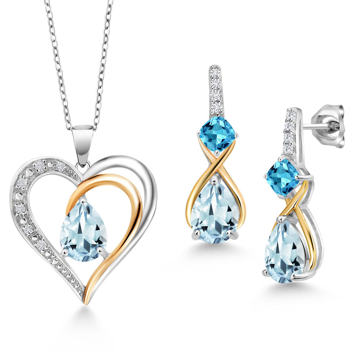 Aquamarine - Swiss Blue Topaz_Pendant Earrings Set in 925 Sterling Silver and 10K Yellow Gold