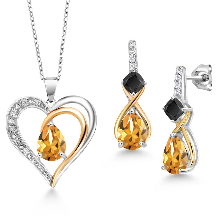 Citrine - Onyx_Pendant Earrings Set in 925 Sterling Silver and 10K Yellow Gold