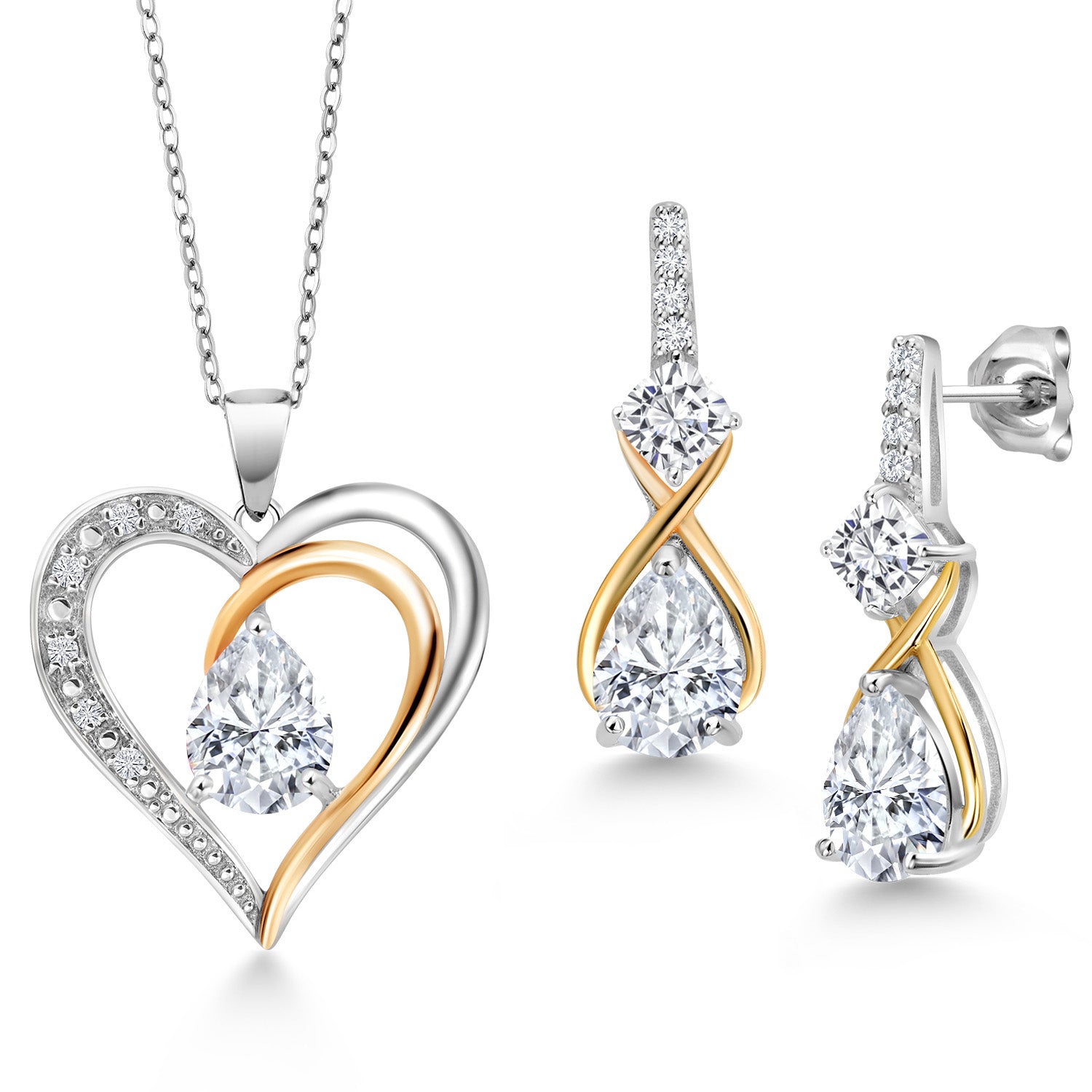 925 Sterling Silver and 10K Yellow Gold White Moissanite and White Lab Grown Diamond Pendant Necklace Earrings Set For Women (4.16 Cttw, with 18 Inch Chain)