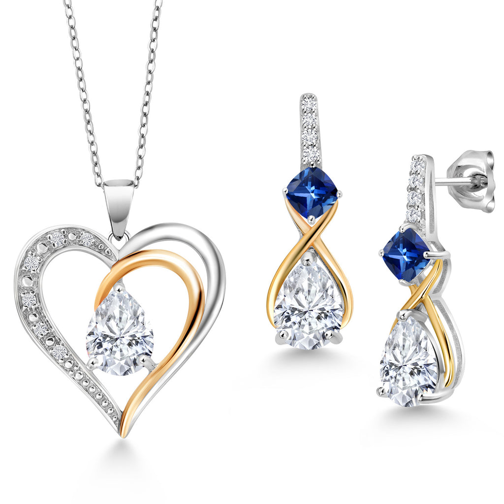 Blue Created Sapphire - September_Pendant Earrings Set in 925 Sterling Silver and 10K Yellow Gold