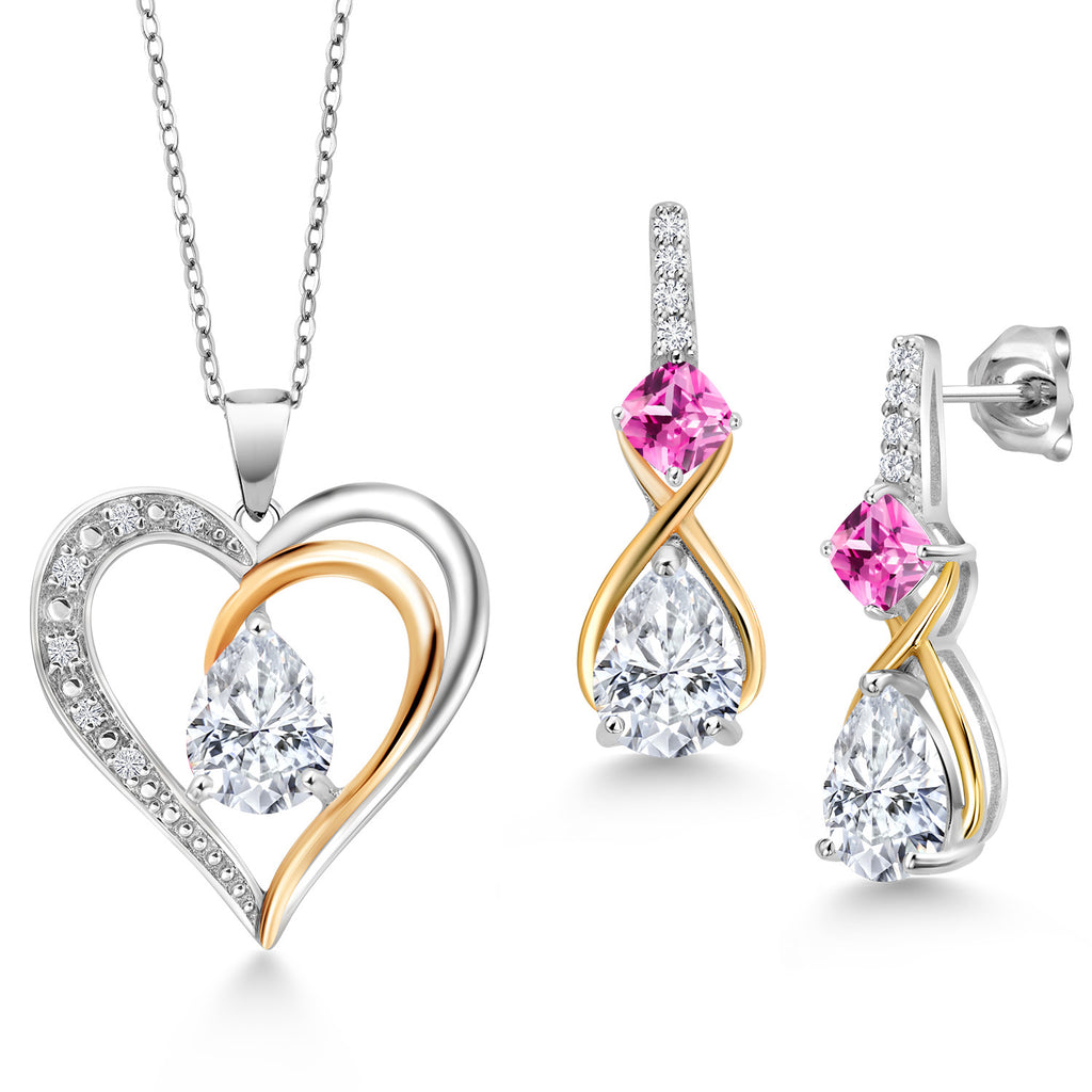 Pink Created Sapphire - September_Pendant Earrings Set in 925 Sterling Silver and 10K Yellow Gold