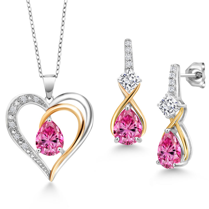 Pink Moissanite - April_Pendant Earrings Set in 925 Sterling Silver and 10K Yellow Gold