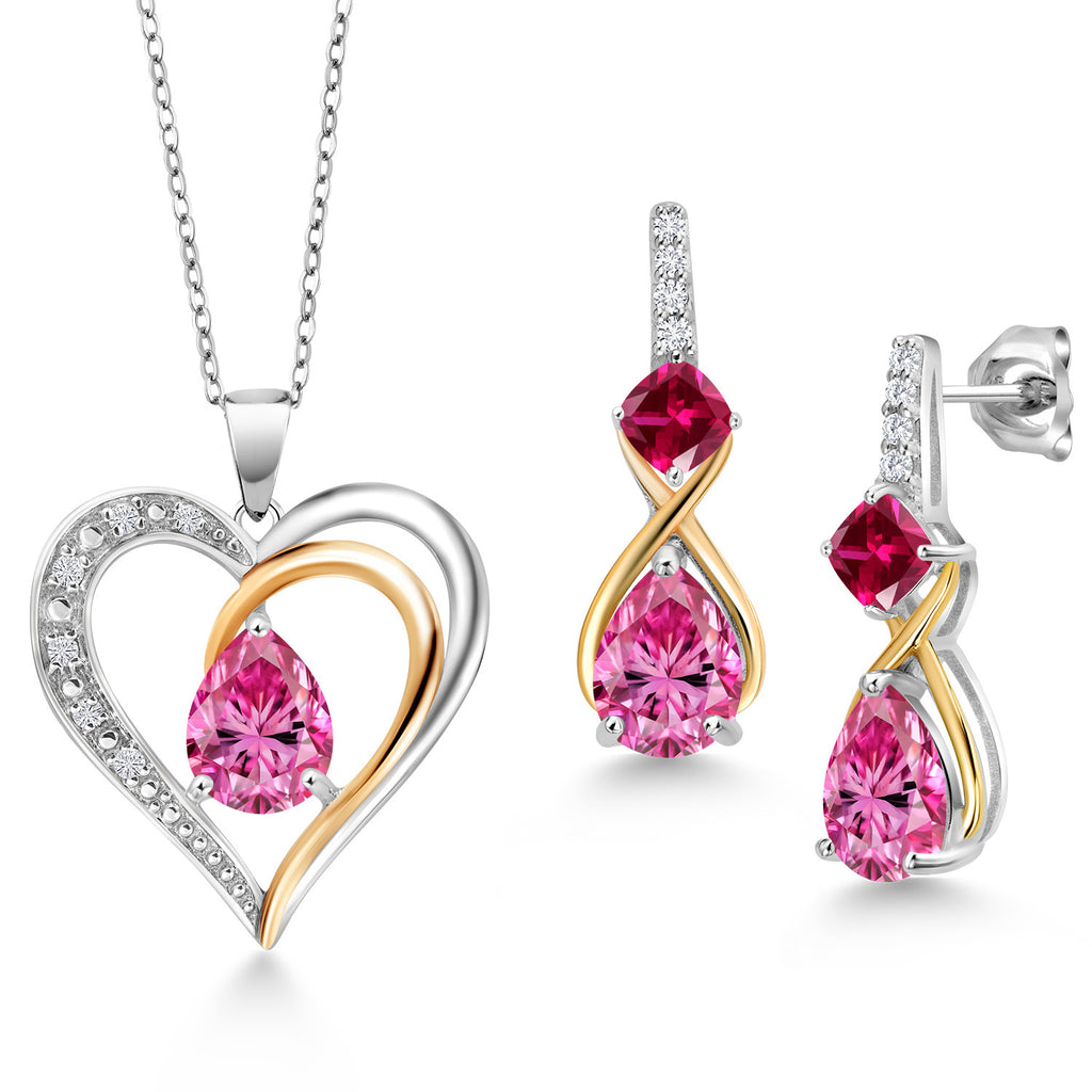 Pink Moissanite - April_Pendant Earrings Set in 925 Sterling Silver and 10K Yellow Gold