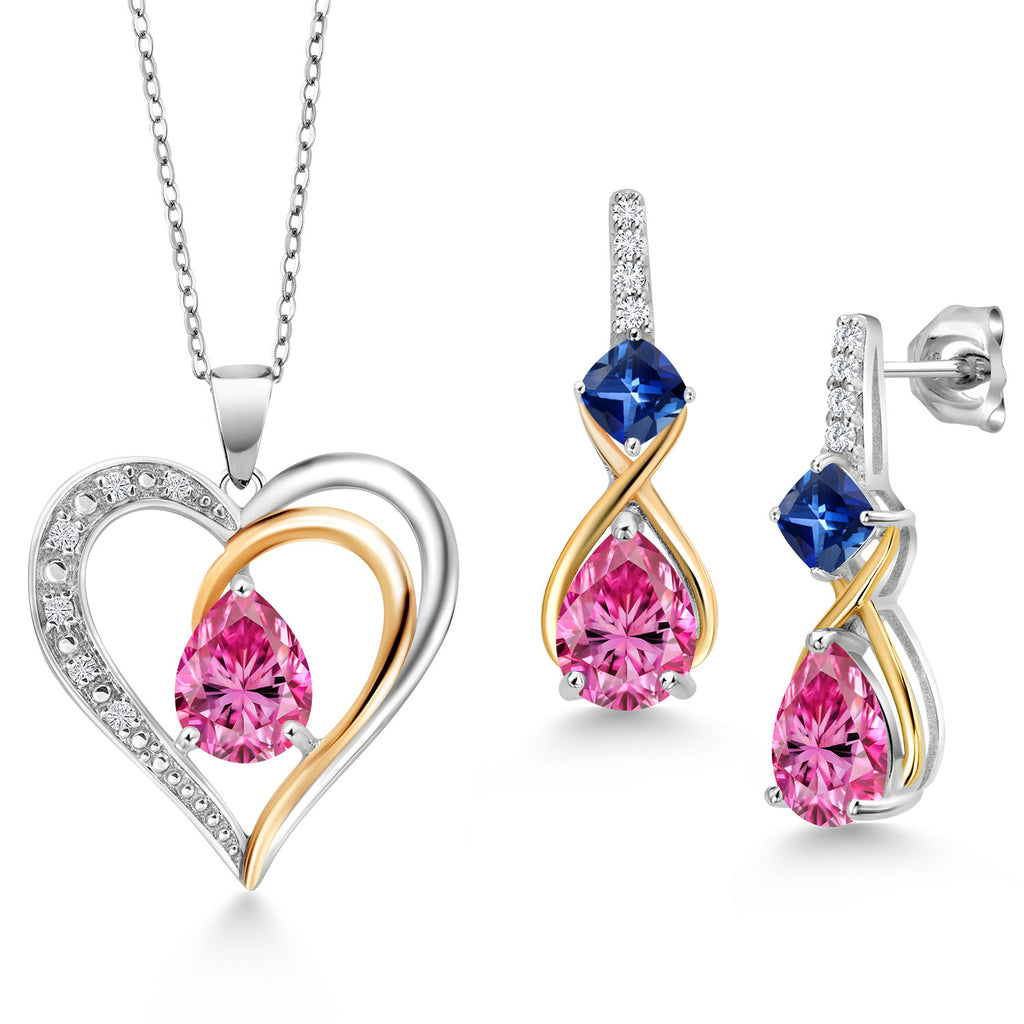 Pink Moissanite - April_Pendant Earrings Set in 925 Sterling Silver and 10K Yellow Gold