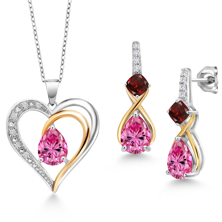 Pink Moissanite - Garnet_Pendant Earrings Set in 925 Sterling Silver and 10K Yellow Gold