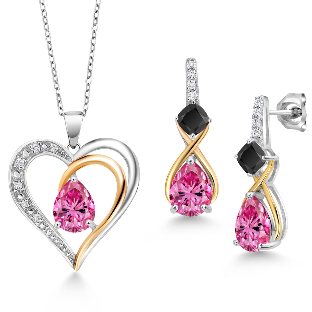 White Moissanite - Onyx_Pendant Earrings Set in 925 Sterling Silver and 10K Yellow Gold