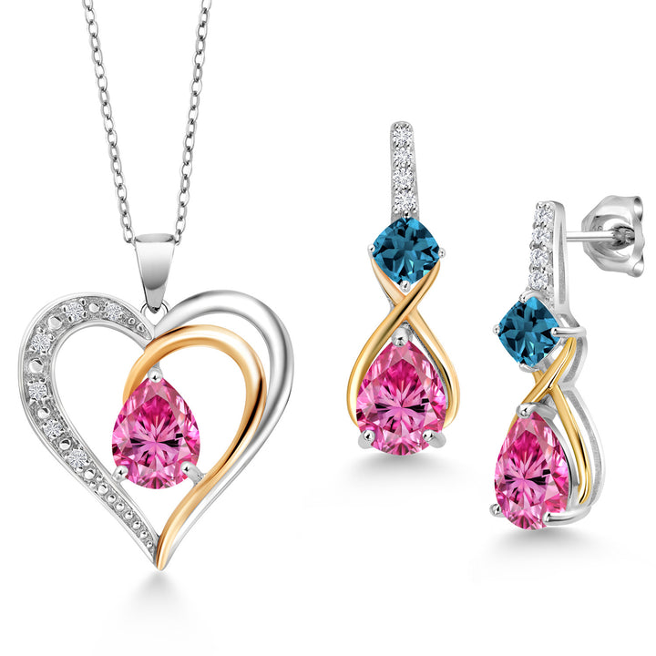 Pink Moissanite - London Blue Topaz_Pendant Earrings Set in 925 Sterling Silver and 10K Yellow Gold