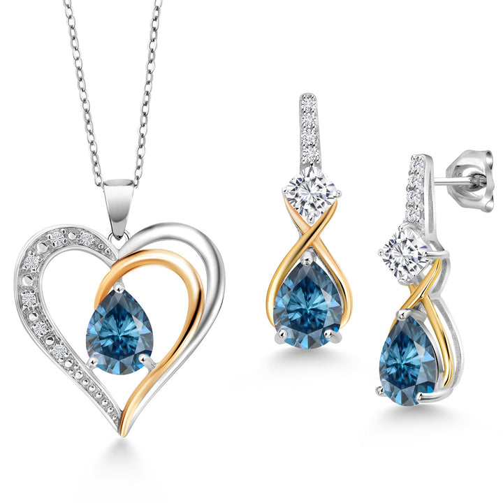 Persian Blue Moissanite - April_Pendant Earrings Set in 925 Sterling Silver and 10K Yellow Gold