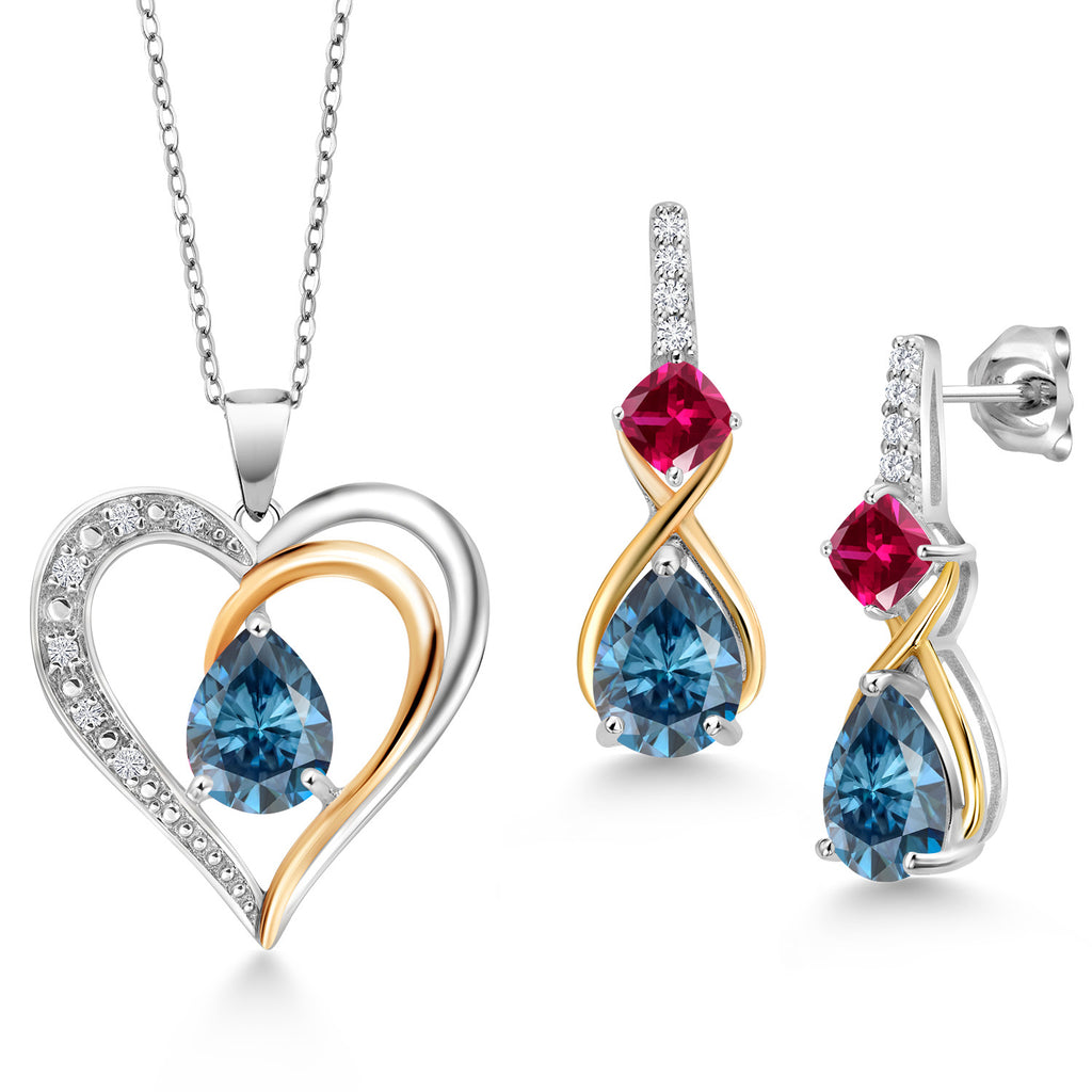 Persian Blue Moissanite - April_Pendant Earrings Set in 925 Sterling Silver and 10K Yellow Gold