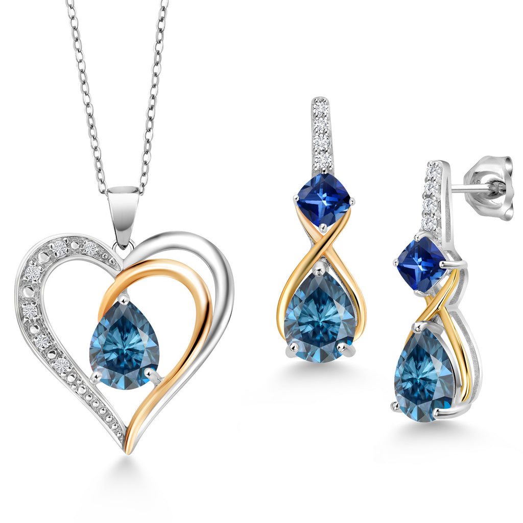 Persian Blue Moissanite - April_Pendant Earrings Set in 925 Sterling Silver and 10K Yellow Gold