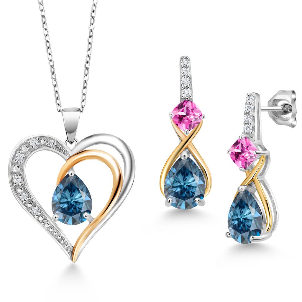 Persian Blue Moissanite - April_Pendant Earrings Set in 925 Sterling Silver and 10K Yellow Gold