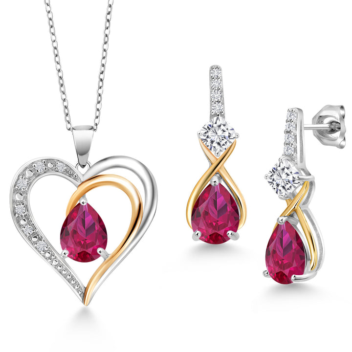Created Ruby - July_Pendant Earrings Set in 925 Sterling Silver and 10K Yellow Gold