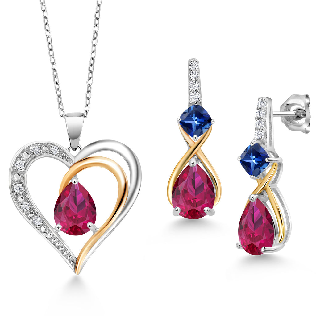 Created Ruby - July_Pendant Earrings Set in 925 Sterling Silver and 10K Yellow Gold