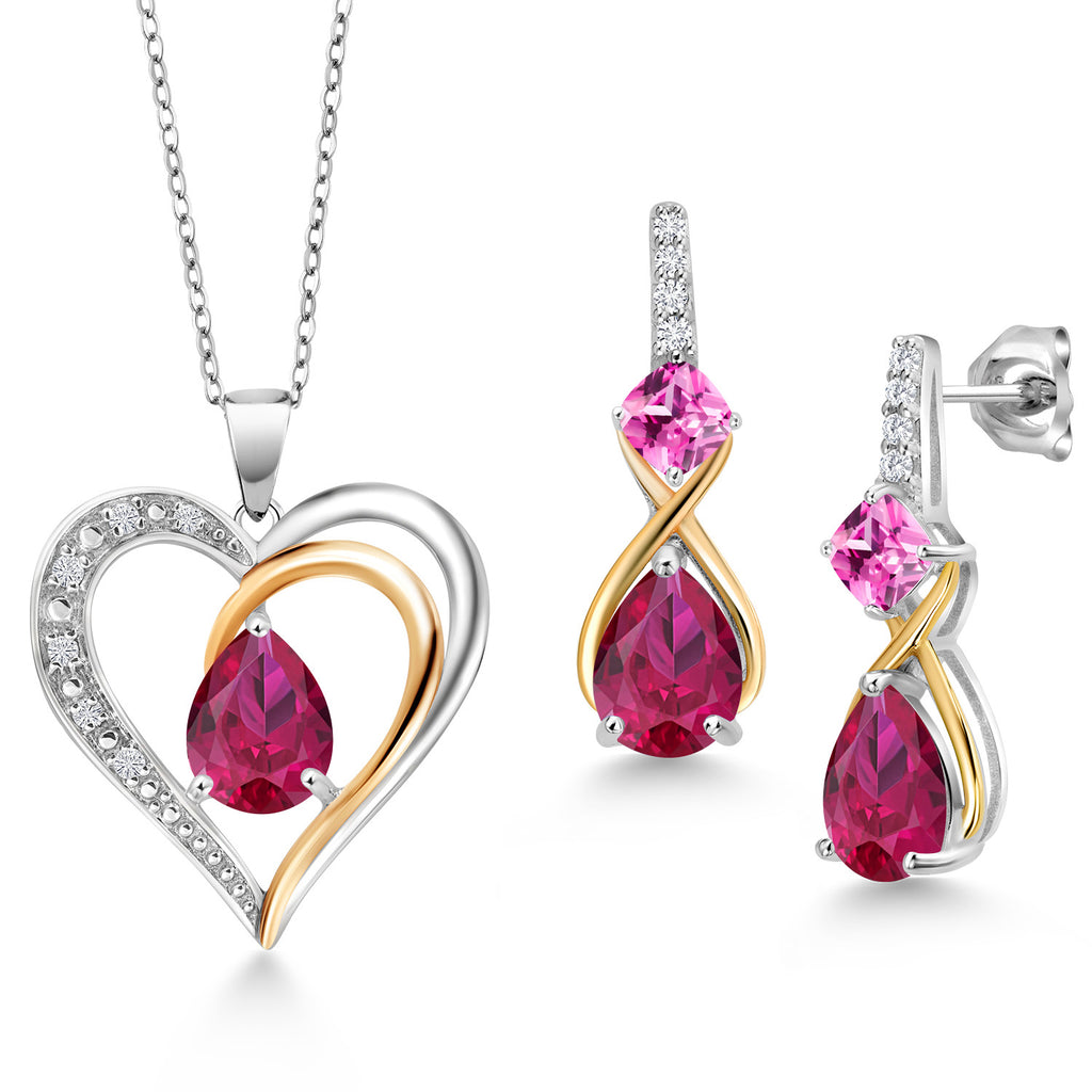 Created Ruby - July_Pendant Earrings Set in 925 Sterling Silver and 10K Yellow Gold