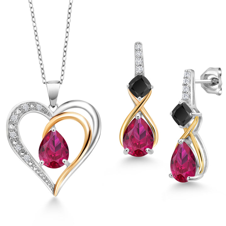 Created Ruby - Onyx_Pendant Earrings Set in 925 Sterling Silver and 10K Yellow Gold