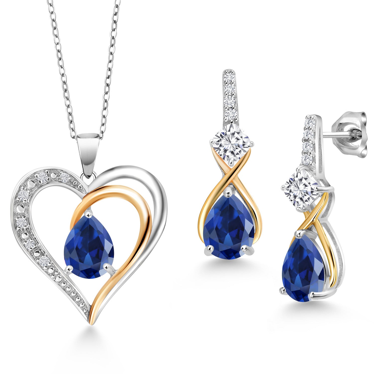 925 Sterling Silver and 10K Yellow Gold Blue Created Sapphire White Moissanite and White Lab Grown Diamond Pendant Necklace Earrings Set For Women (6.71 Cttw, with 18 Inch Chain)