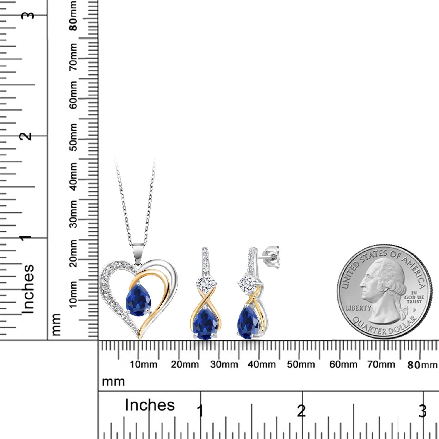 925 Sterling Silver and 10K Yellow Gold Blue Created Sapphire White Moissanite and White Lab Grown Diamond Pendant Necklace Earrings Set For Women (6.71 Cttw, with 18 Inch Chain)