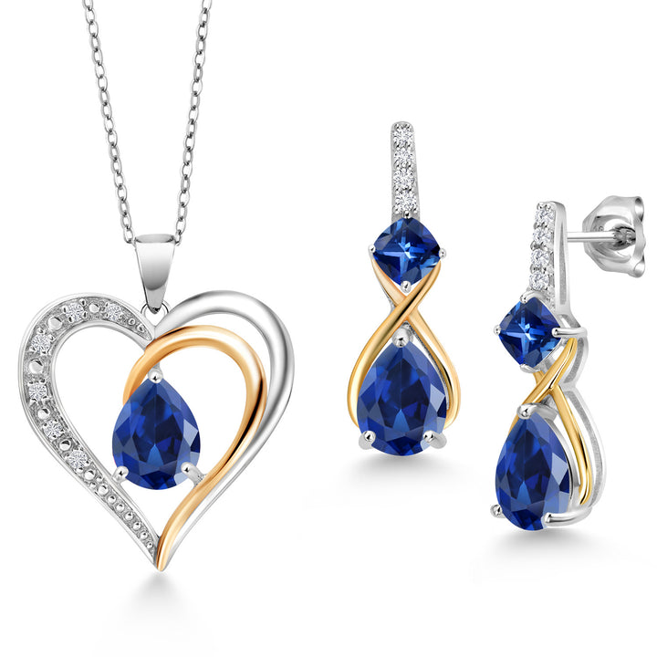 Blue Created Sapphire - September_Pendant Earrings Set in 925 Sterling Silver and 10K Yellow Gold