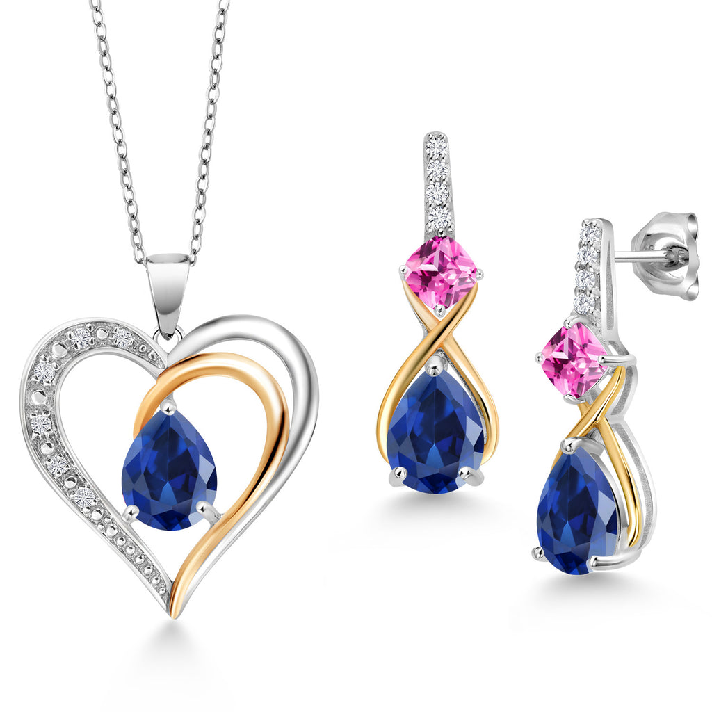 Blue Created Sapphire - September_Pendant Earrings Set in 925 Sterling Silver and 10K Yellow Gold