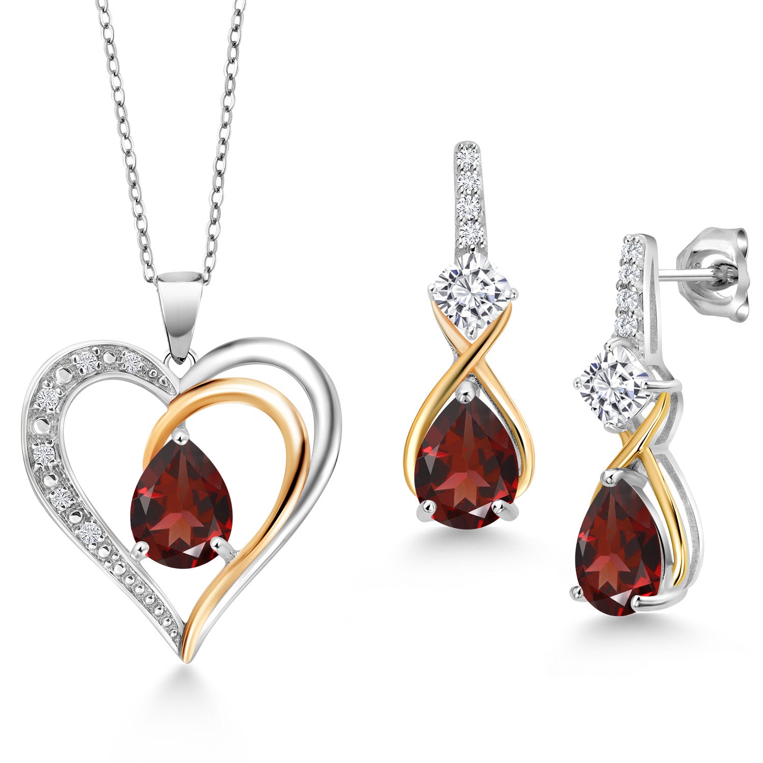 925 Sterling Silver and 10K Yellow Gold Red Garnet White Moissanite and White Lab Grown Diamond Pendant Necklace Earrings Set For Women (4.64 Cttw, with 18 Inch Chain)