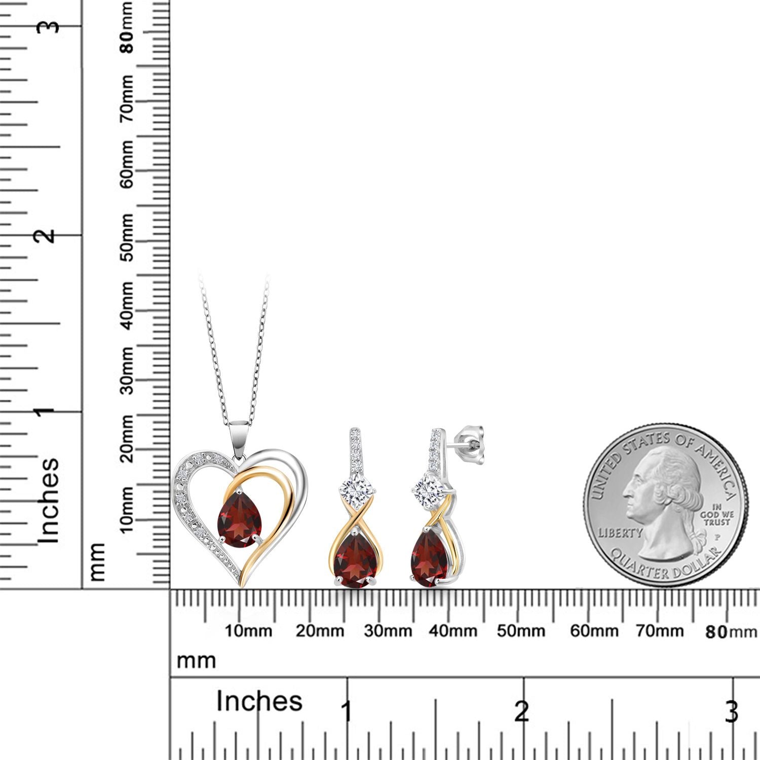 925 Sterling Silver and 10K Yellow Gold Red Garnet White Moissanite and White Lab Grown Diamond Pendant Necklace Earrings Set For Women (4.64 Cttw, with 18 Inch Chain)