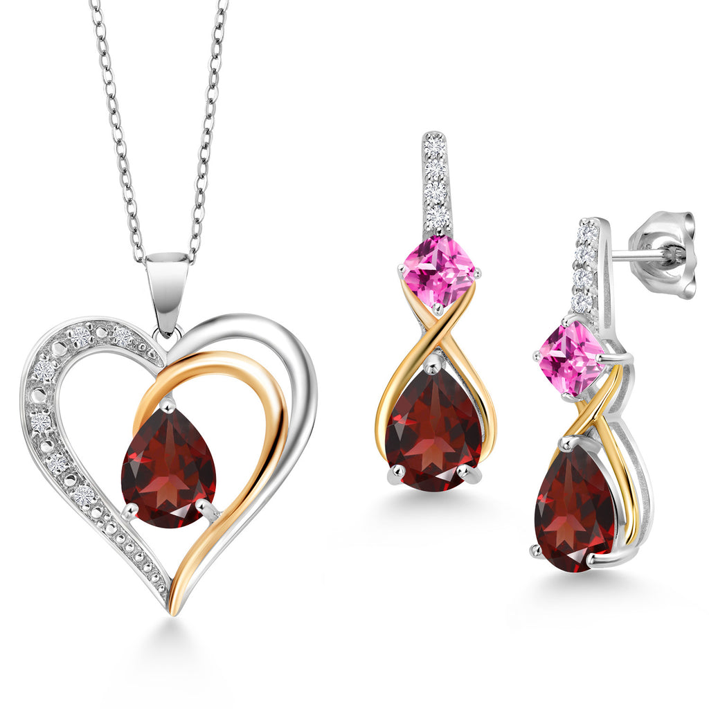 Garnet - January_Pendant Earrings Set in 925 Sterling Silver and 10K Yellow Gold