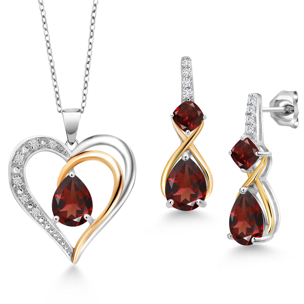 Garnet - January_Pendant Earrings Set in 925 Sterling Silver and 10K Yellow Gold