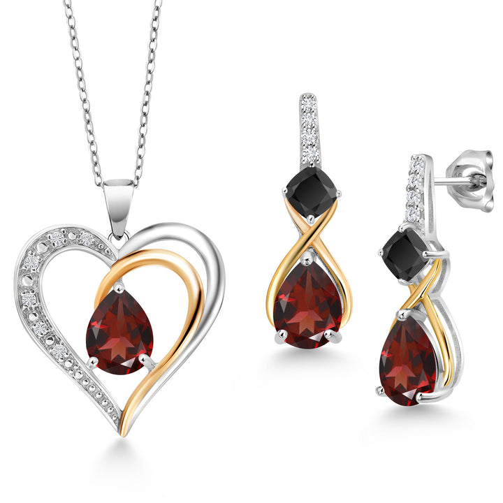 Garnet - Onyx_Pendant Earrings Set in 925 Sterling Silver and 10K Yellow Gold