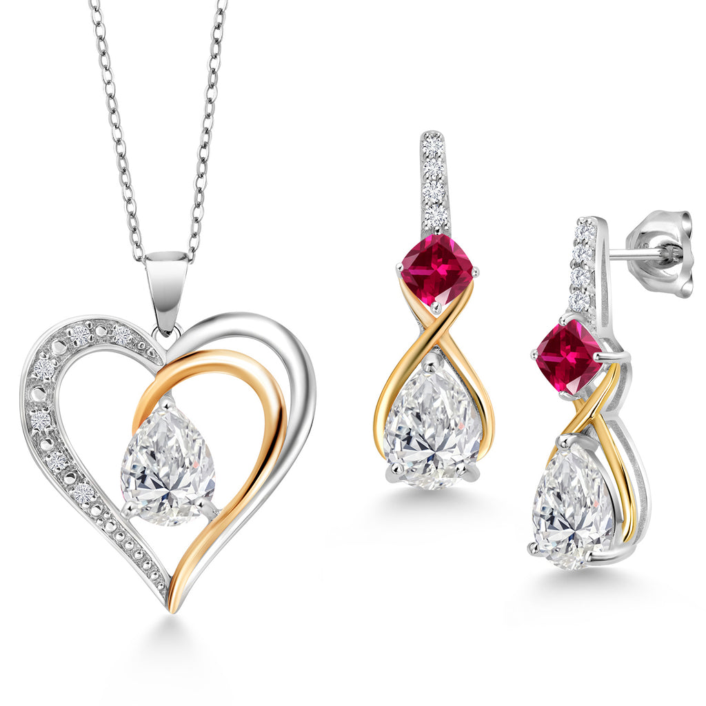 Created Ruby - July_Pendant Earrings Set in 925 Sterling Silver and 10K Yellow Gold