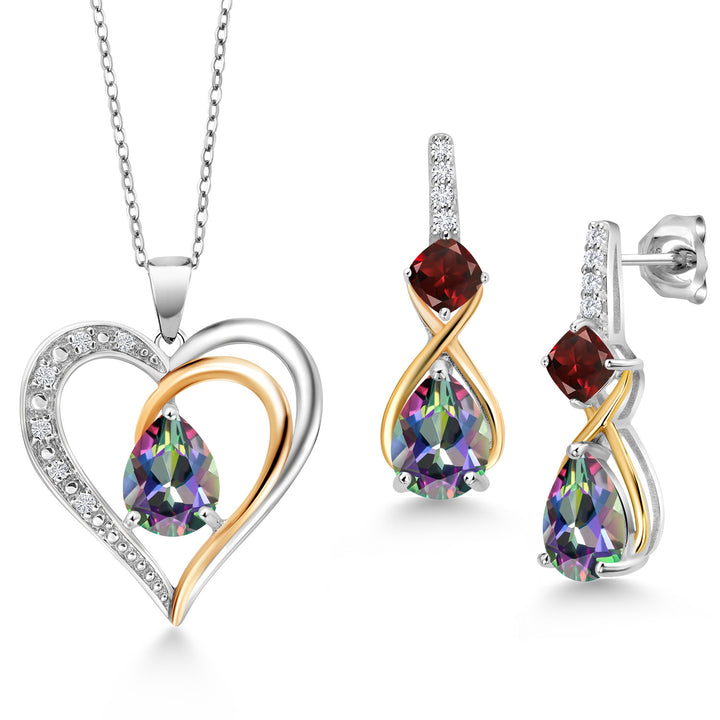 Green Mystic Topaz - Garnet_Pendant Earrings Set in 925 Sterling Silver and 10K Yellow Gold