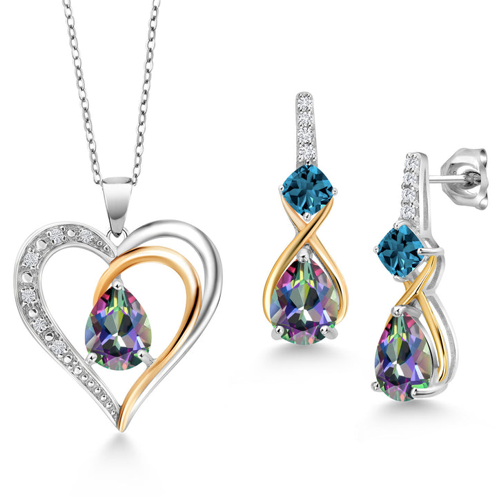 Green Mystic Topaz - London Blue Topaz_Pendant Earrings Set in 925 Sterling Silver and 10K Yellow Gold