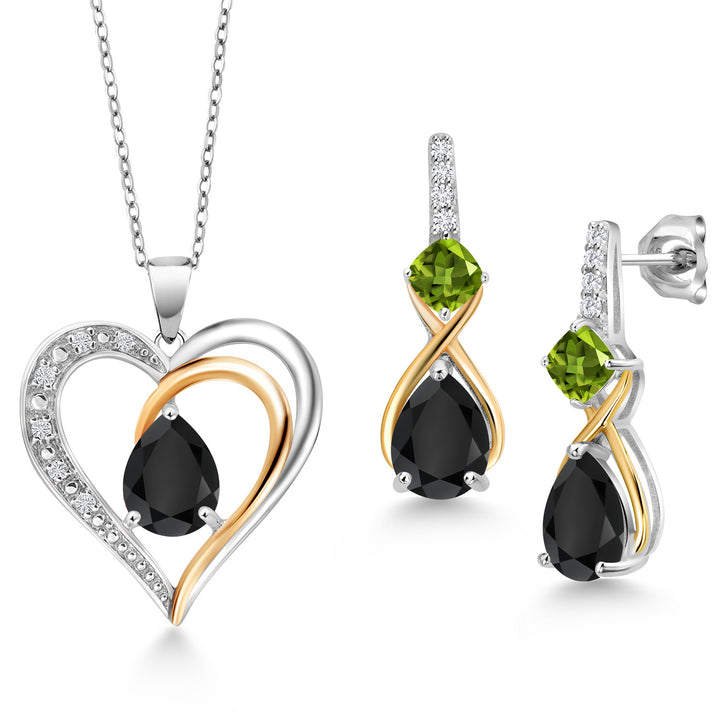 Onyx - Peridot_Pendant Earrings Set in 925 Sterling Silver and 10K Yellow Gold