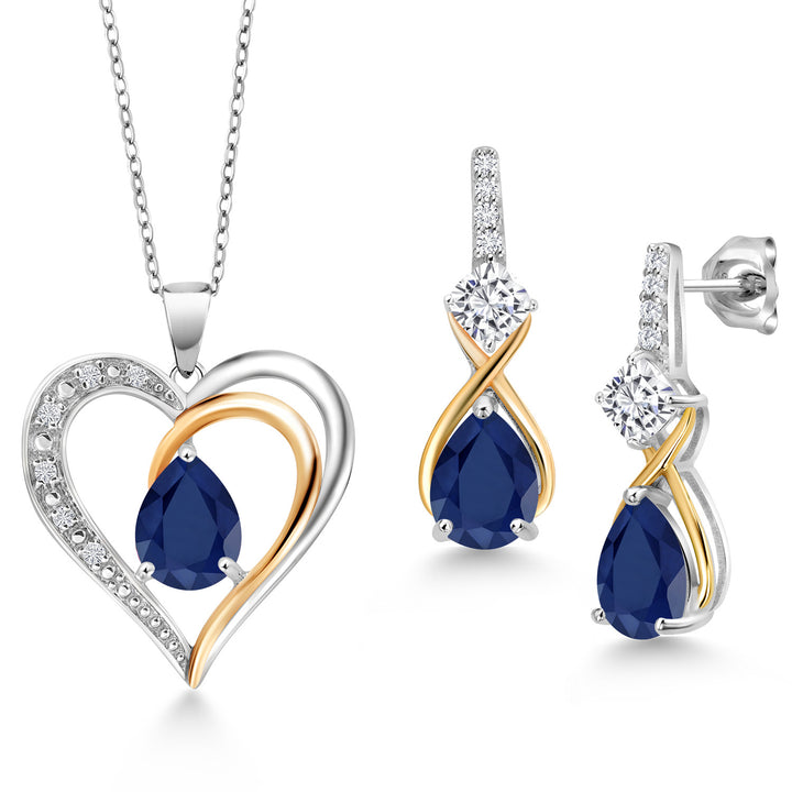 Blue Sapphire - September_Pendant Earrings Set in 925 Sterling Silver and 10K Yellow Gold
