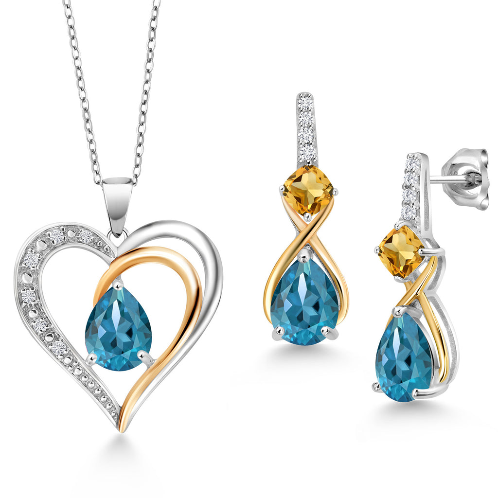 London Blue Topaz - Citrine_Pendant Earrings Set in 925 Sterling Silver and 10K Yellow Gold