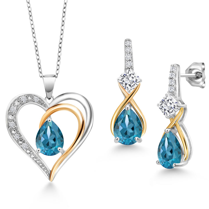 London Blue Topaz - November_Pendant Earrings Set in 925 Sterling Silver and 10K Yellow Gold