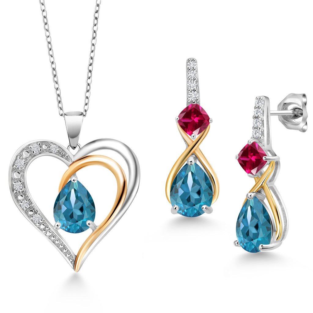 London Blue Topaz - November_Pendant Earrings Set in 925 Sterling Silver and 10K Yellow Gold