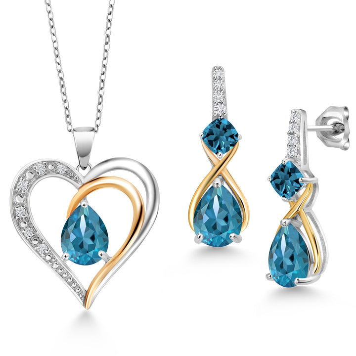 London Blue Topaz - November_Pendant Earrings Set in 925 Sterling Silver and 10K Yellow Gold
