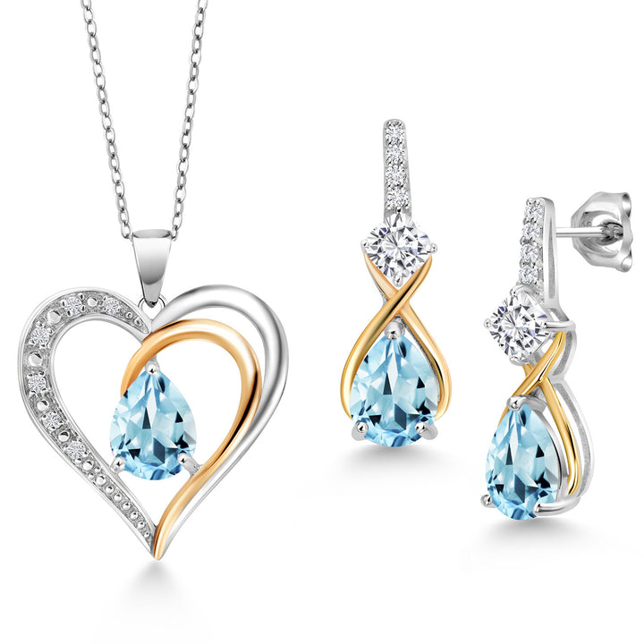 Sky Blue Topaz - November_Pendant Earrings Set in 925 Sterling Silver and 10K Yellow Gold