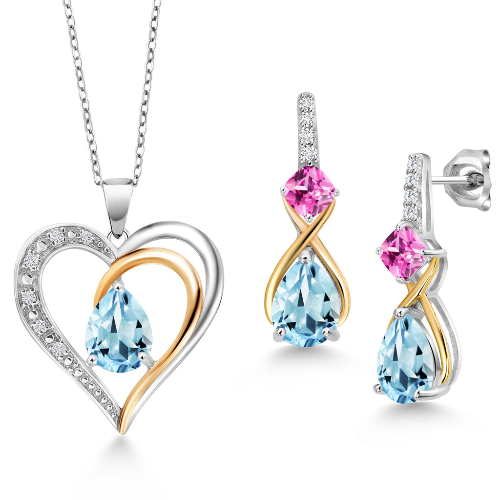 Sky Blue Topaz - November_Pendant Earrings Set in 925 Sterling Silver and 10K Yellow Gold
