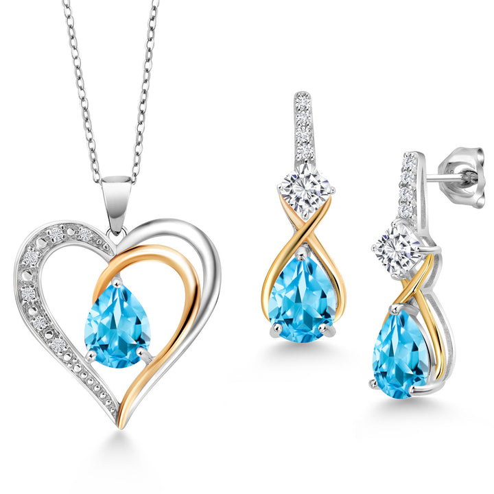Swiss Blue Topaz - November_Pendant Earrings Set in 925 Sterling Silver and 10K Yellow Gold