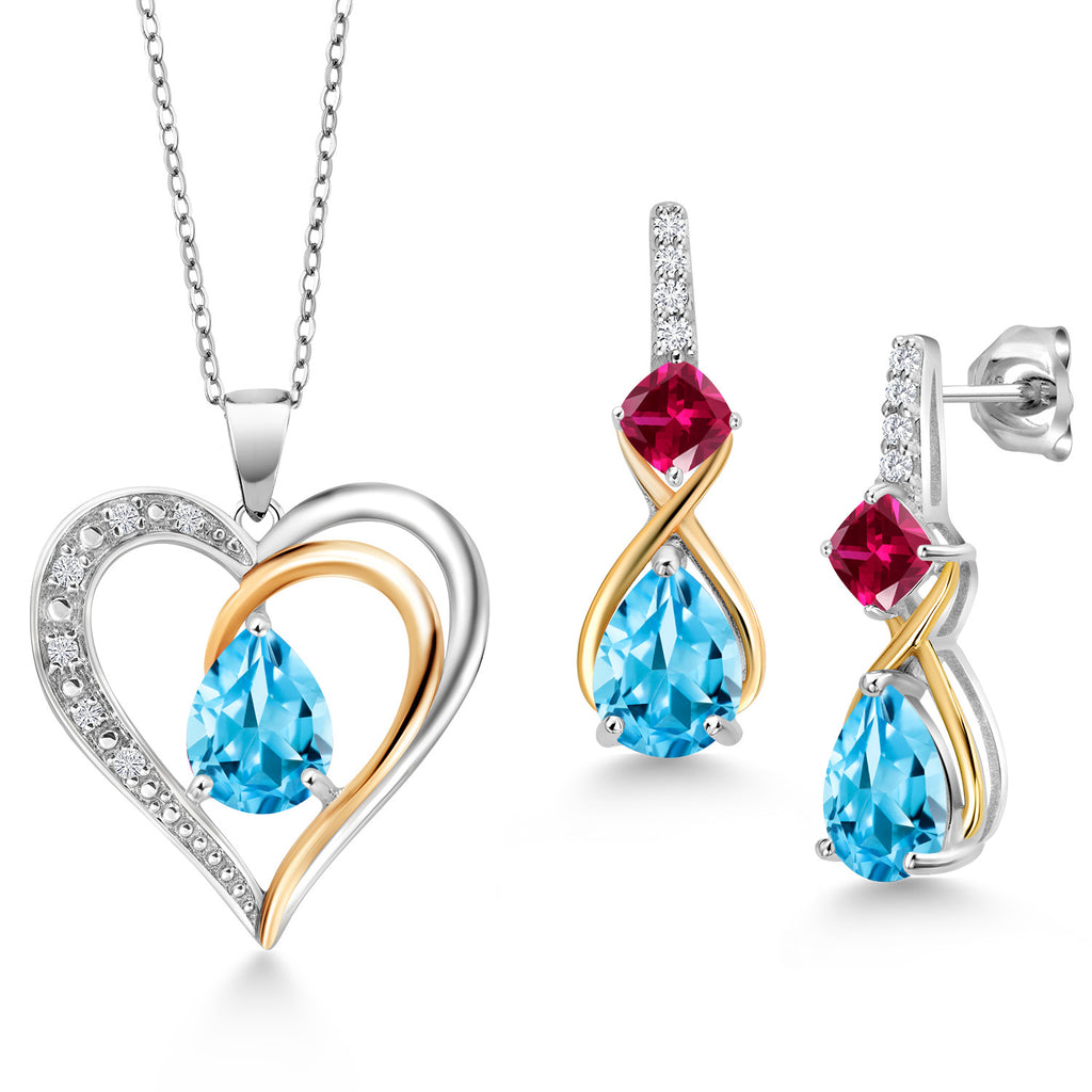 Swiss Blue Topaz - November_Pendant Earrings Set in 925 Sterling Silver and 10K Yellow Gold