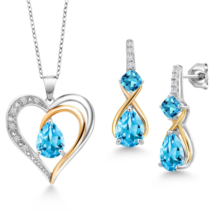 Swiss Blue Topaz - November_Pendant Earrings Set in 925 Sterling Silver and 10K Yellow Gold