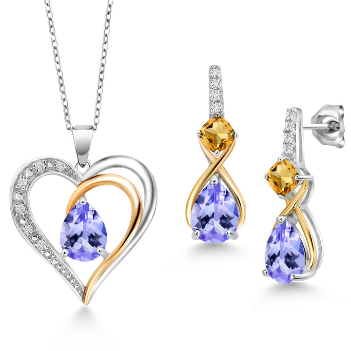 Tanzanite - Citrine_Pendant Earrings Set in 925 Sterling Silver and 10K Yellow Gold