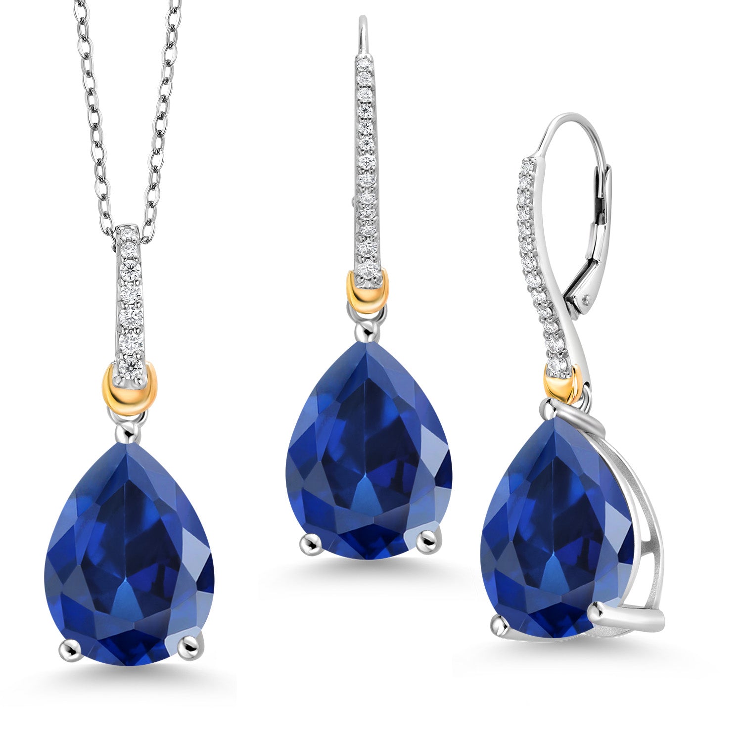 925 Sterling Silver and 10K Yellow Gold Blue Created Sapphire and White Moissanite Pendant Earrings Set For Women (30.86 Cttw, Pear Shape 16X12MM, with 18 Inch Chain)