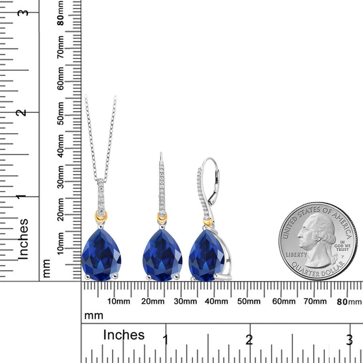 925 Sterling Silver and 10K Yellow Gold Blue Created Sapphire and White Moissanite Pendant Earrings Set For Women (30.86 Cttw, Pear Shape 16X12MM, with 18 Inch Chain)